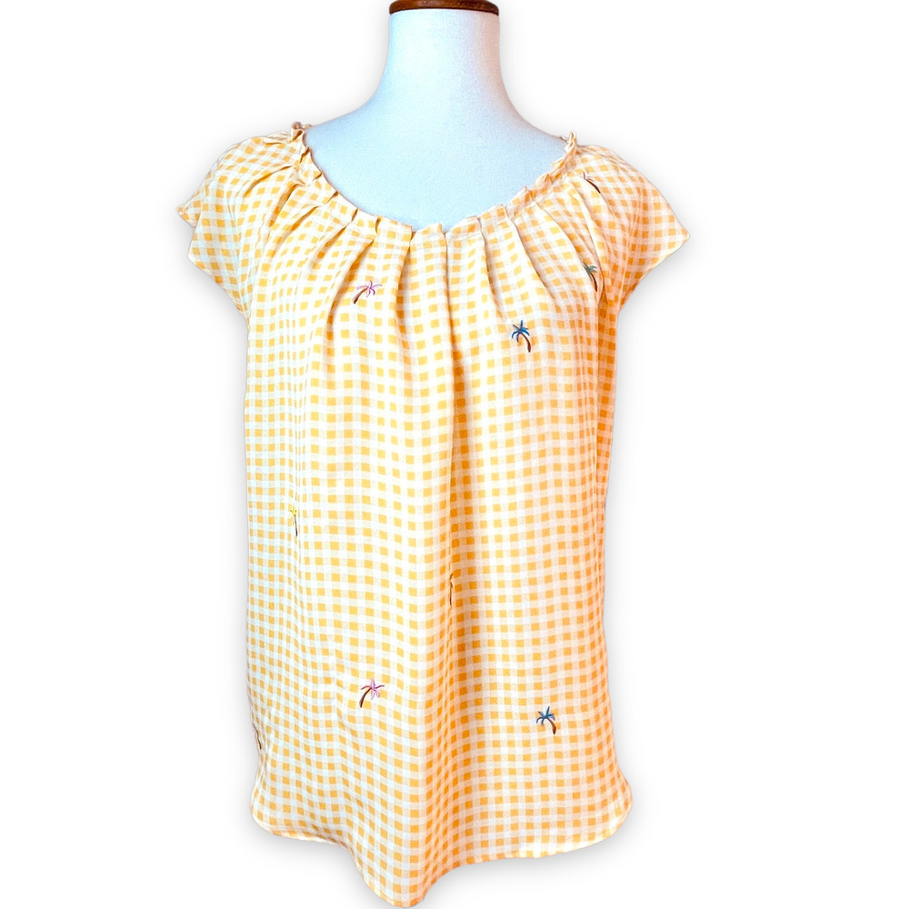 🍀 LC Lauren Conrad Women's Yellow Gingham Embroidered Palm Tree Blouse Size M